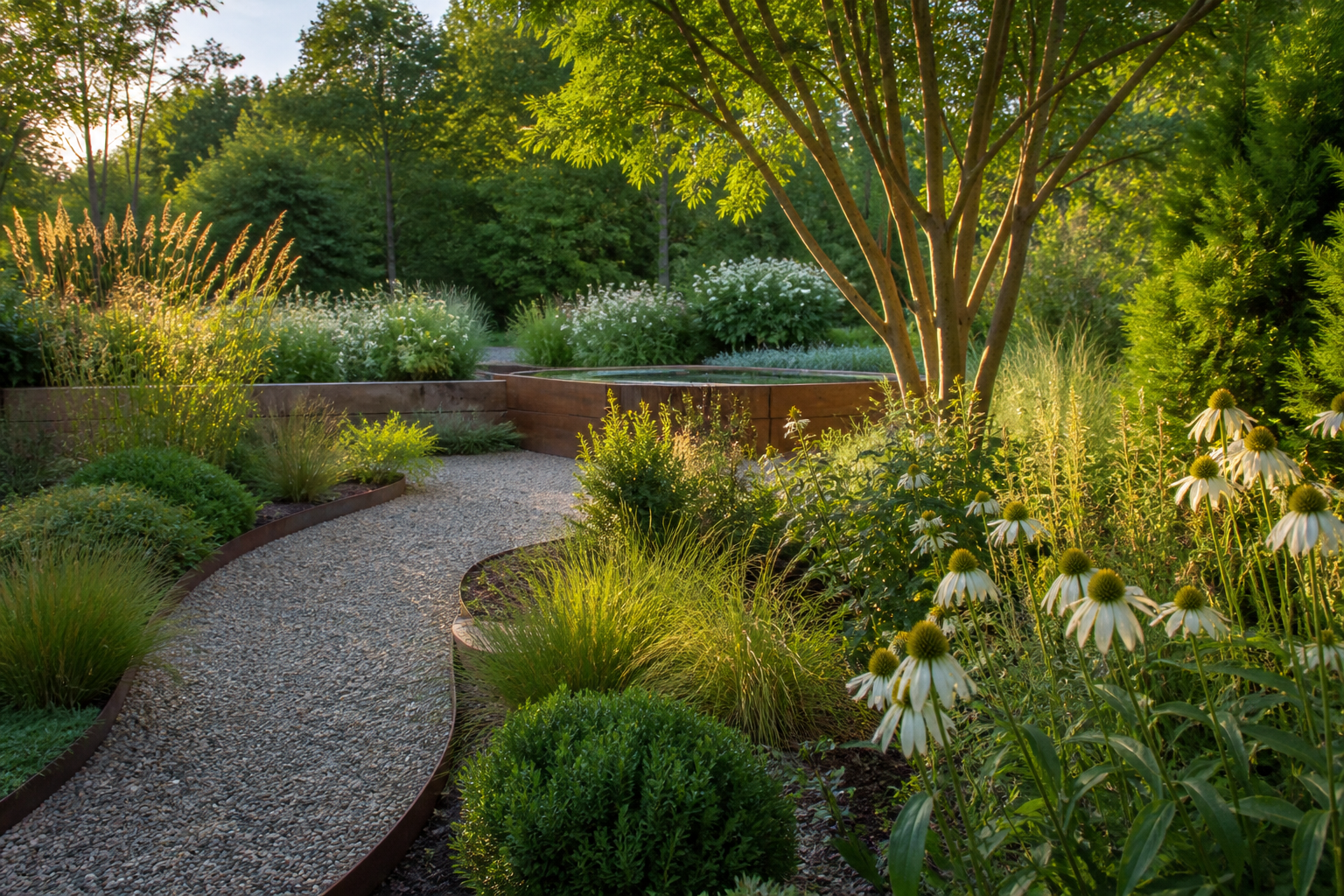 A layered residential garden with a curved path