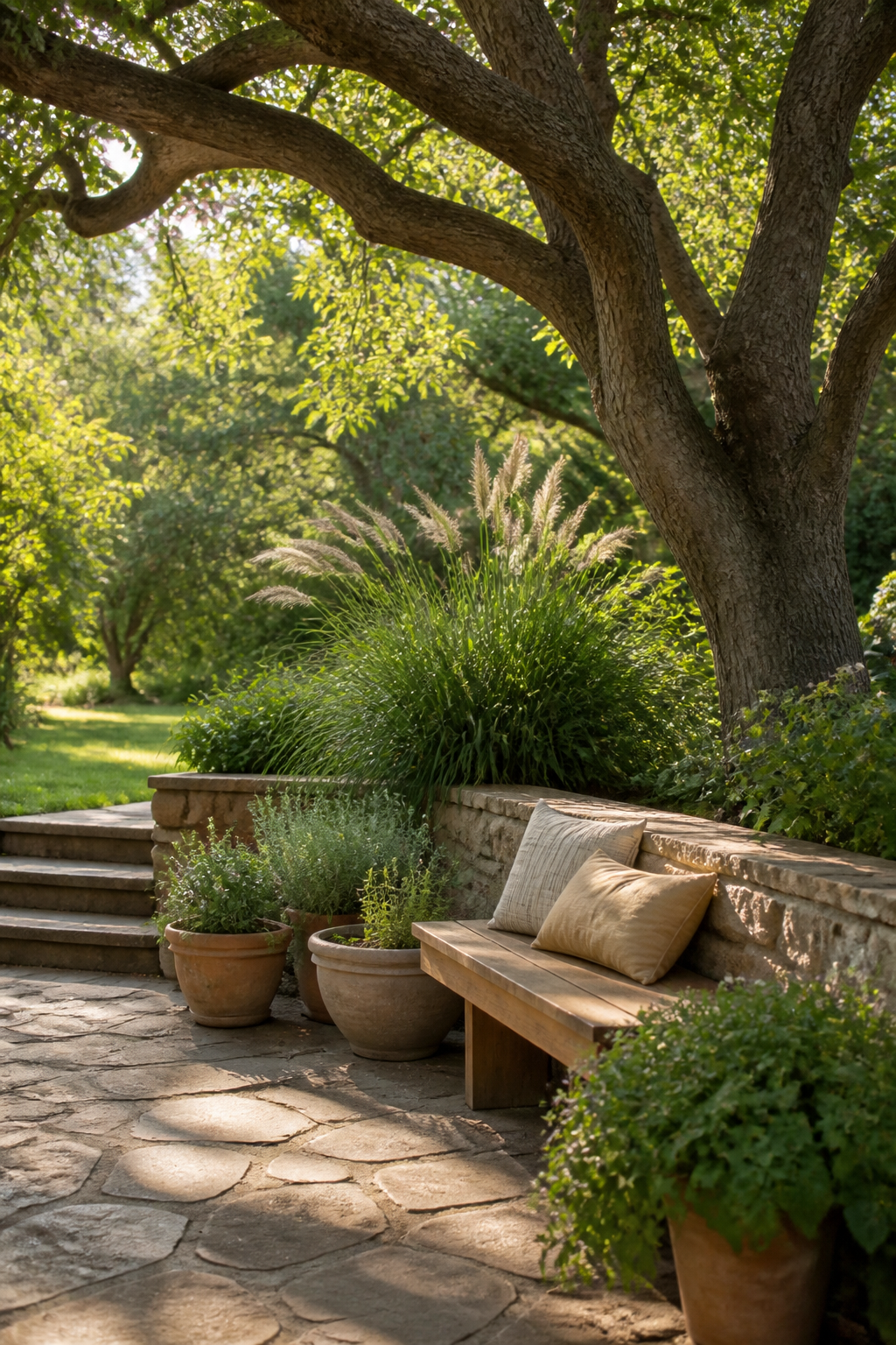A calm garden patio with a cedar bench and potted herbs