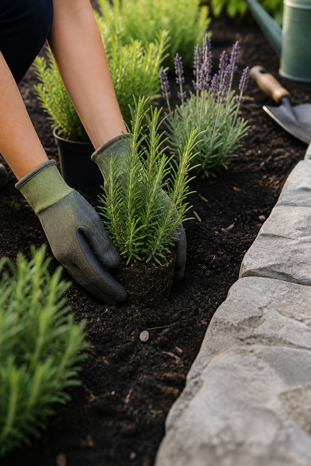 Hands planting herbs and flowers along a stone border